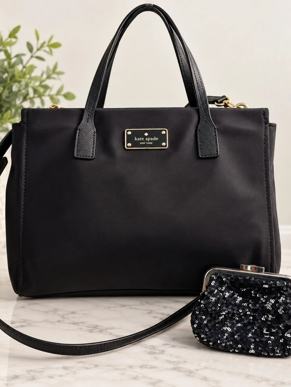 Kate Spade Black Nylon Crossbody Satchel Tote Bag + Sequin Coin Purse NWOT
